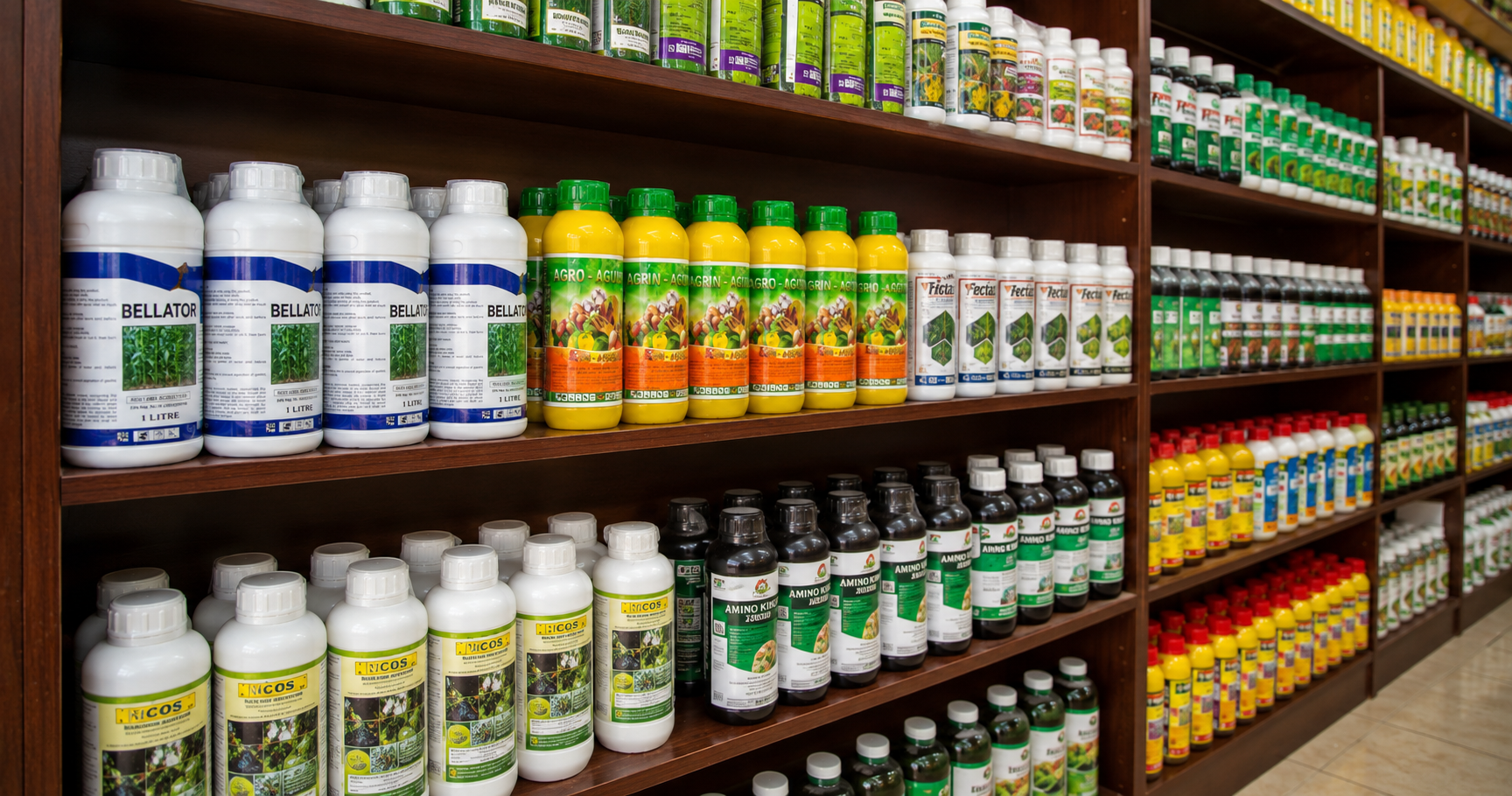 Shelves stocked with agricultural products