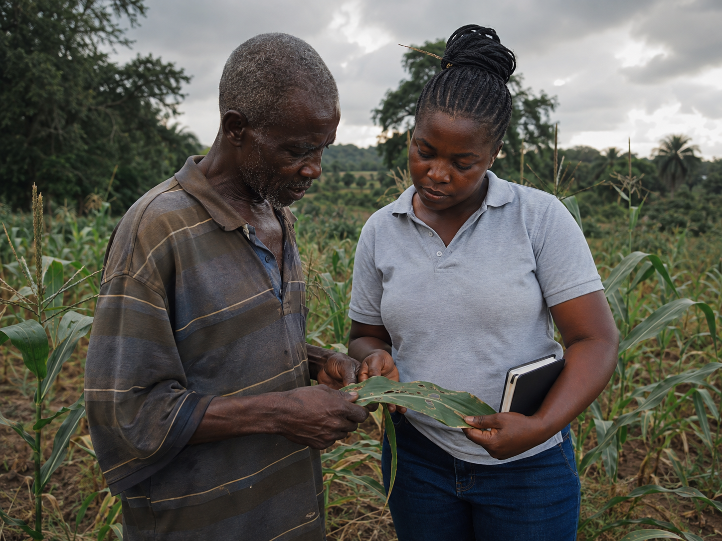An agronomist advising a Ghanaian farmer in a maize field