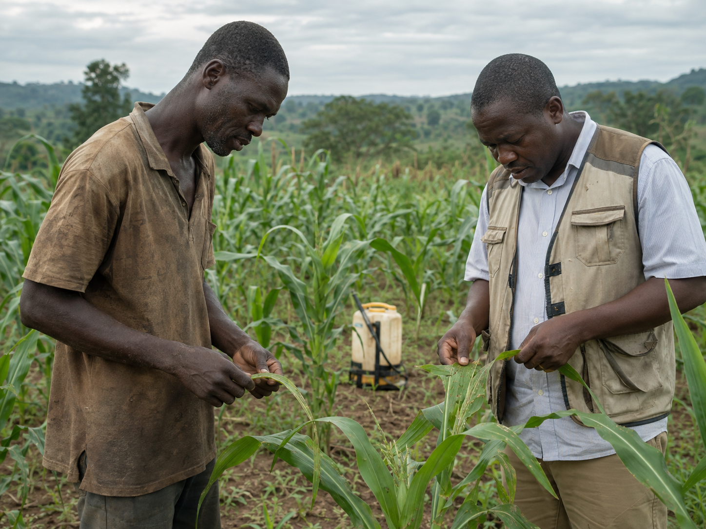 A farmer and agronomist inspecting pest damage on maize leaves