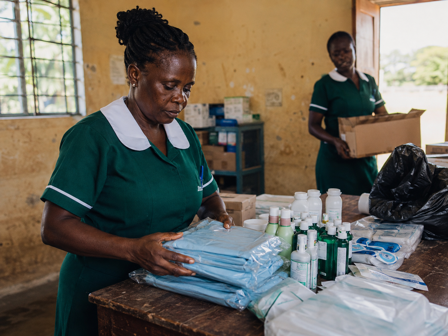 Community health workers preparing public health supplies
