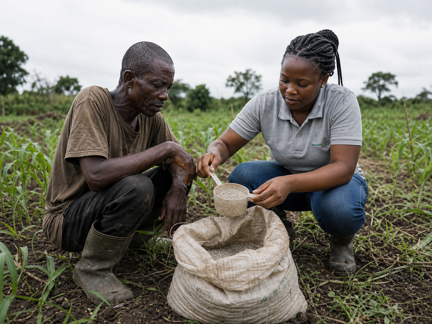 A field technician measuring fertilizer with a Ghanaian farmer