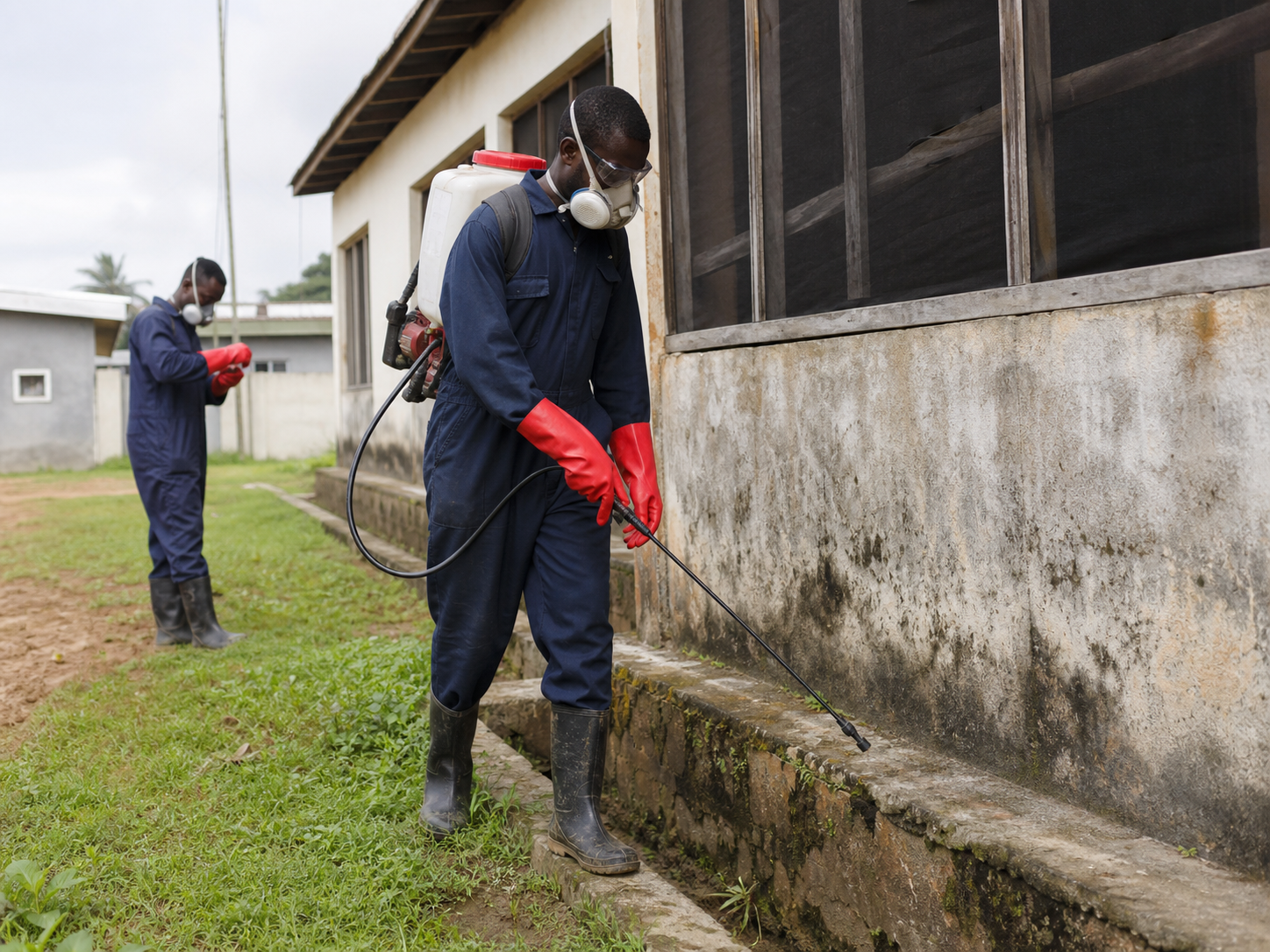 Trained technicians carrying out mosquito control at a community building